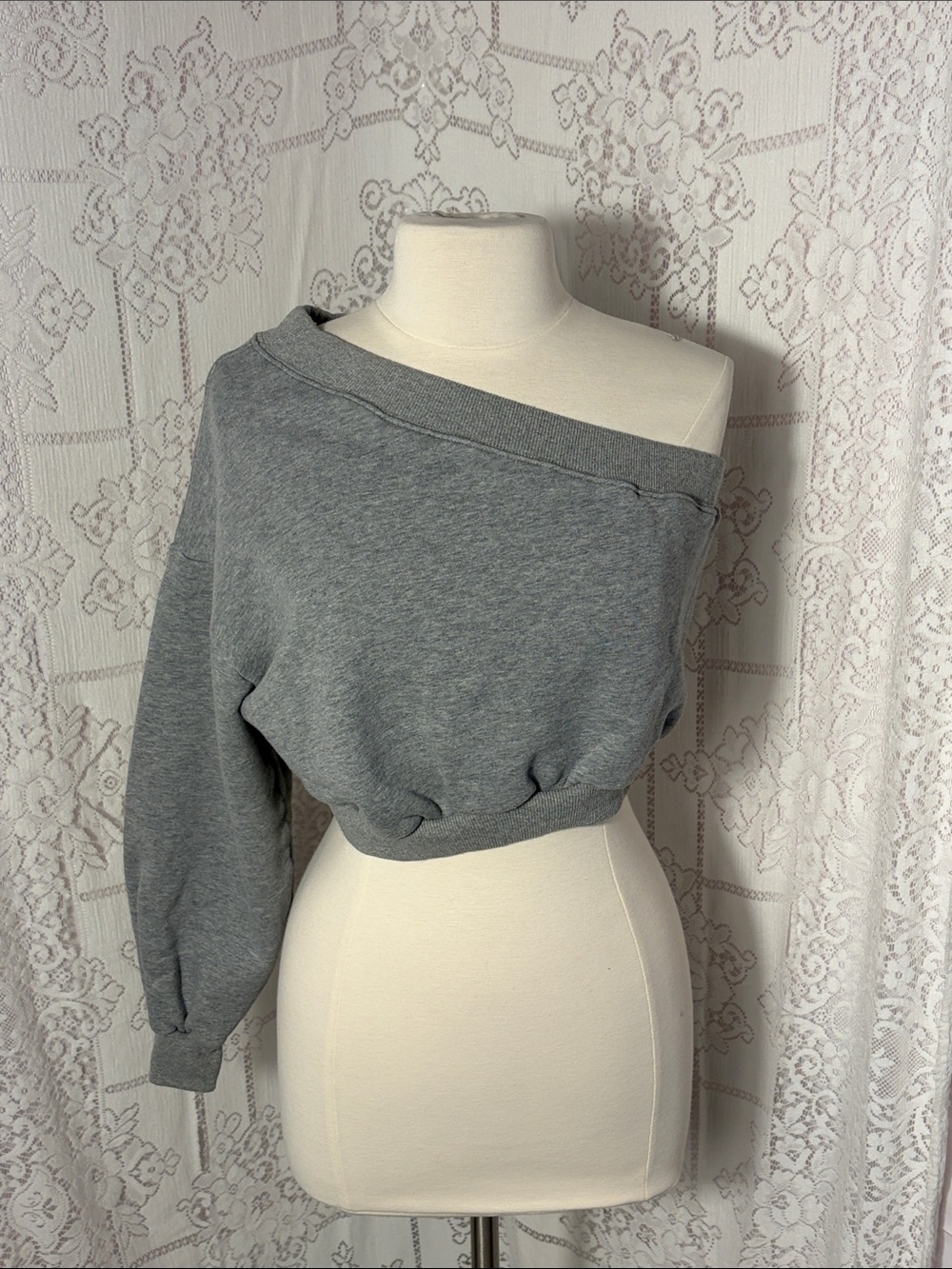The Vintage Shop Gray Off-Shoulder Cropped Sweatshirt